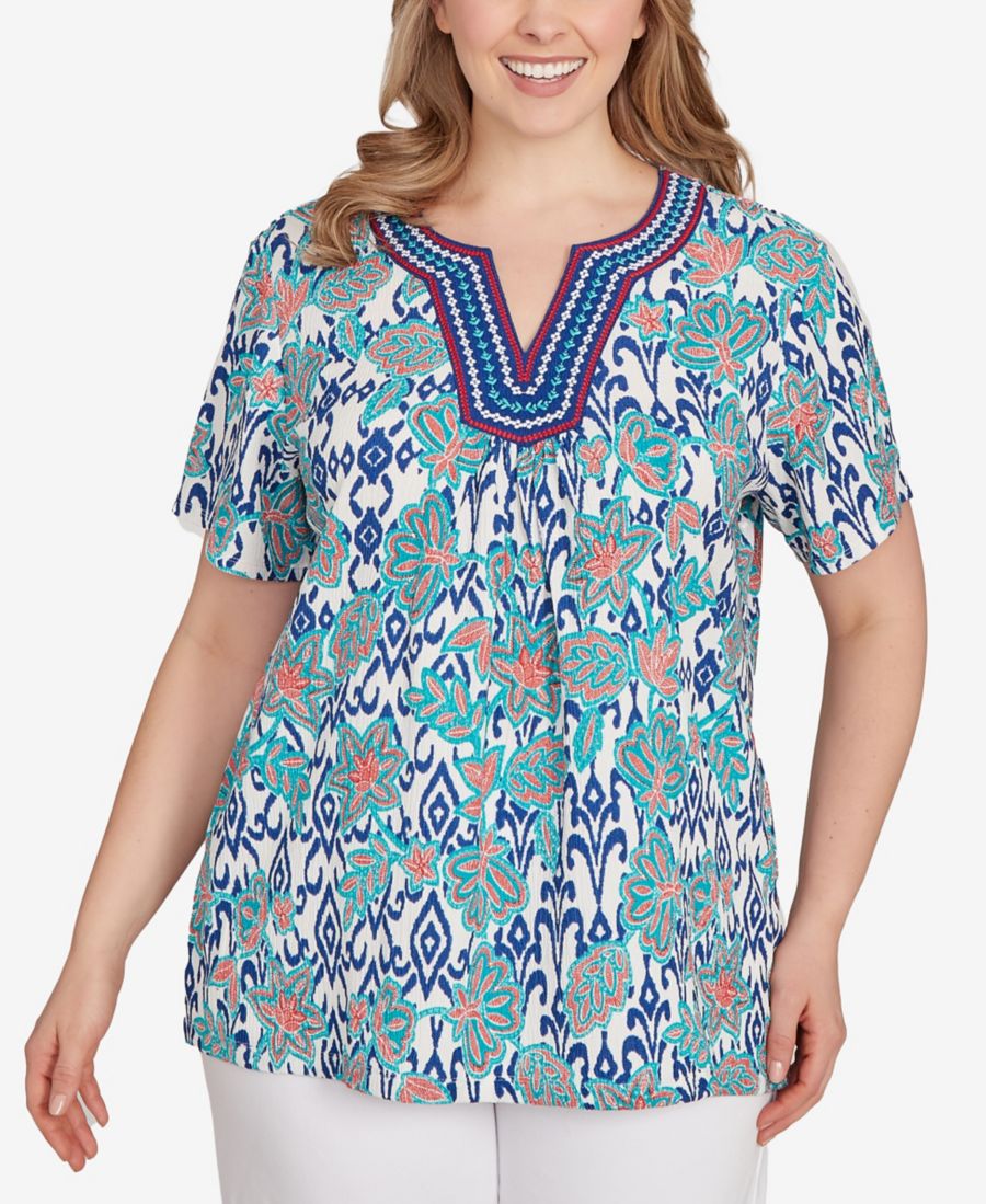 

Топ большого размера с цветочным узором и вышивкой икат Ruby Rd, Turquoise Multi