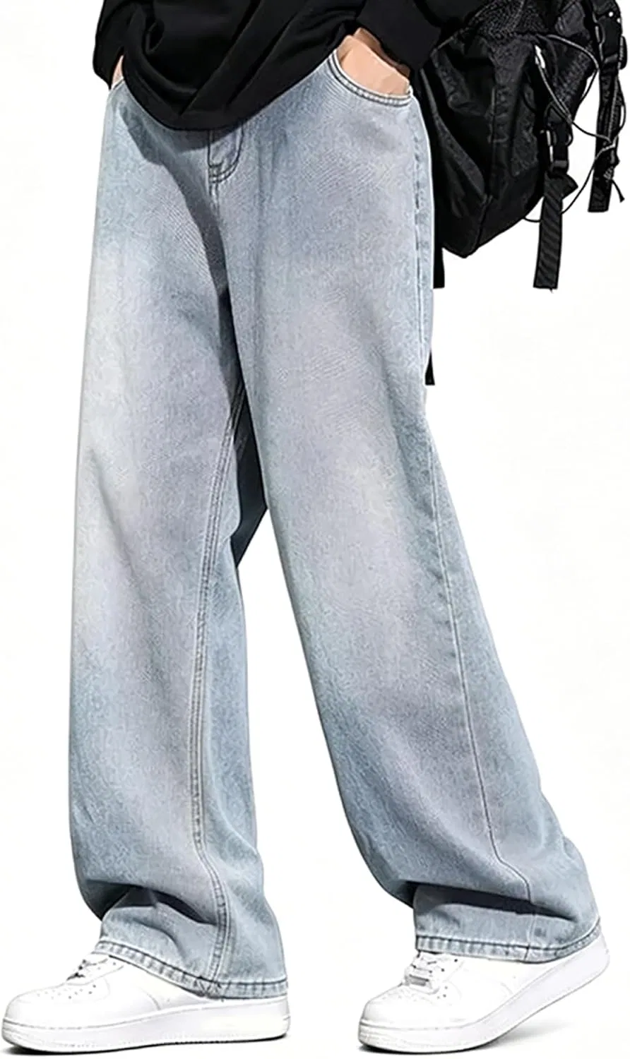 Джинсы свободные Men's Baggy Hip Hop Jeans Wide Leg Denim Pants Loose Fit Vintage Washed Y2k Skater Streetwear Casual Trousers, Light Blue — фото 3