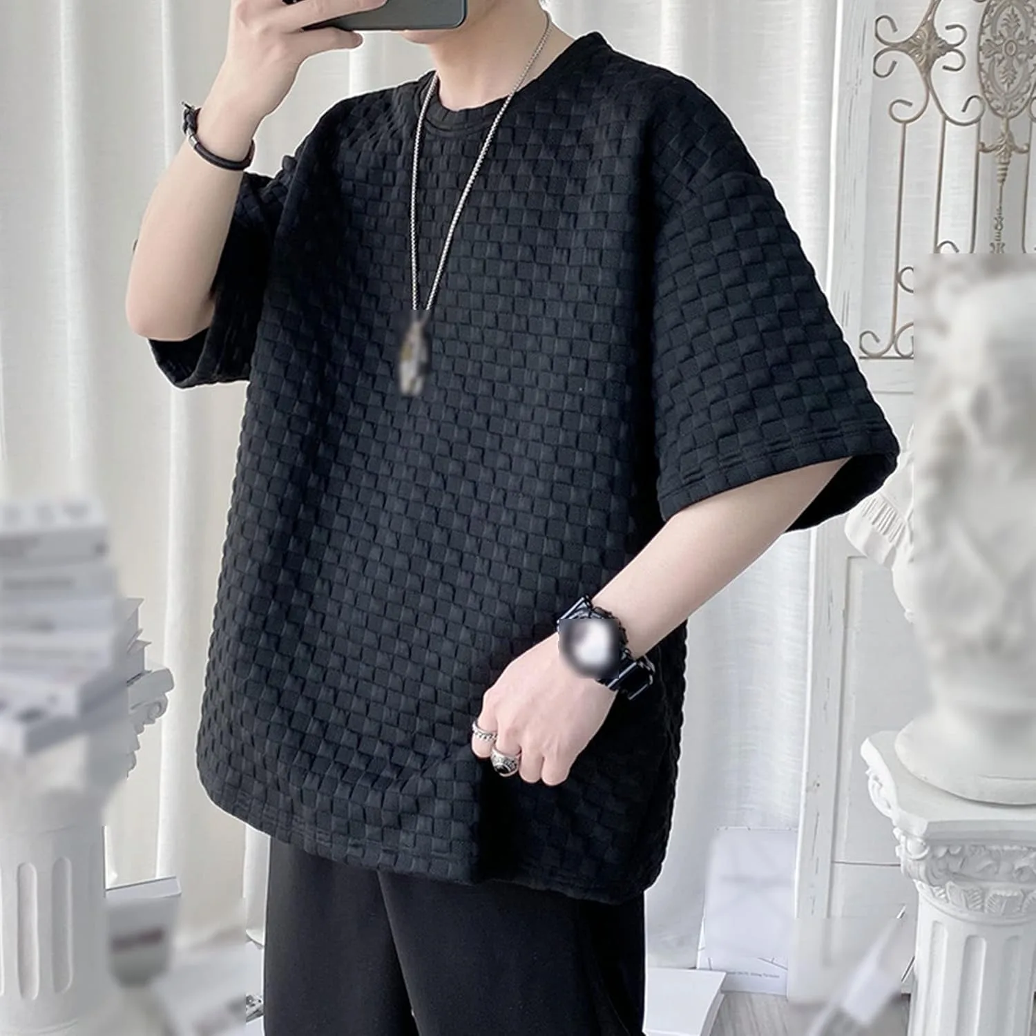 Мужская футболка с вафельной текстурой, короткий рукав, Crew Neck — фото 3