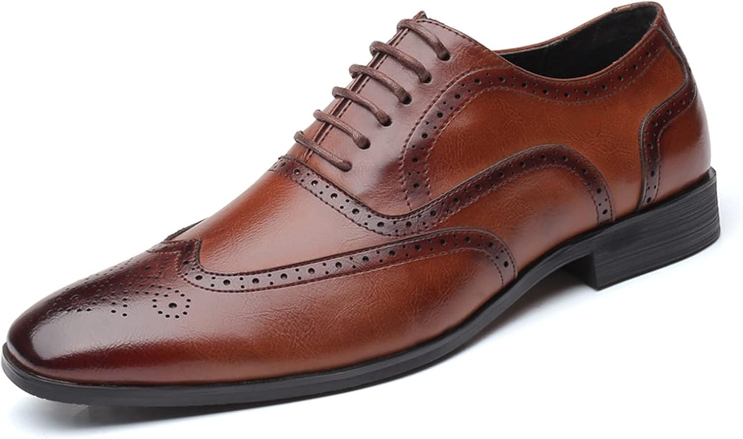 

Мужские классические туфли на шнуровке, броги с тиснением, с крыловидным носком, отполированная PU кожа, устойчивые к скольжению, с каблуком-блоком, для делового стиля Xjsdjhount, коричневый