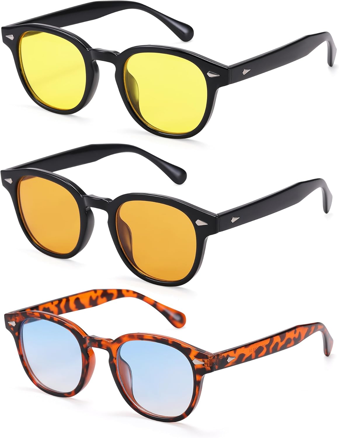 

Солнцезащитные очки Hycredi Retro Round для мужчин и женщин - винтажные круглые очки - комплект из 3 модных солнцезащитных очков с тонировкой, Leopard/Blue + Black/Orange + Black/Yellow
