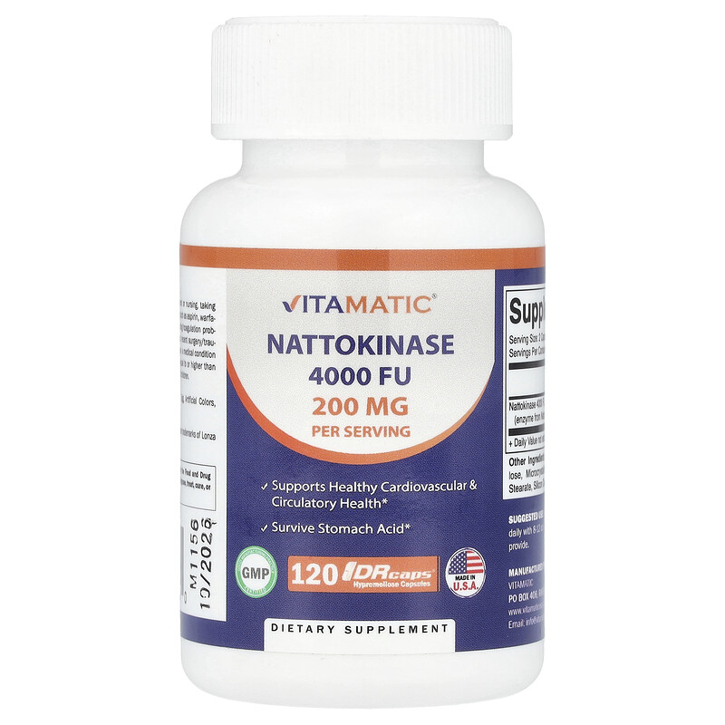 

Vitamatic, Наттокиназа, 200 мг, 120 капсул с гипромеллозой DRcaps (100 мг на капсулу)