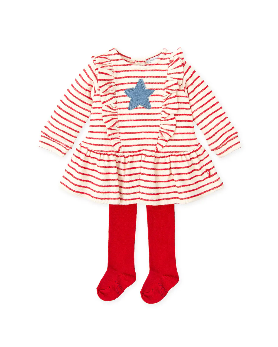 

Комплект для девочки из полосатого платья со звездой и красных колготок Tutto Piccolo