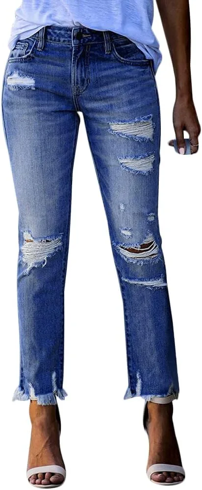 

Женские джинсы slim fit с потертостями и рваными краями Gediffwer