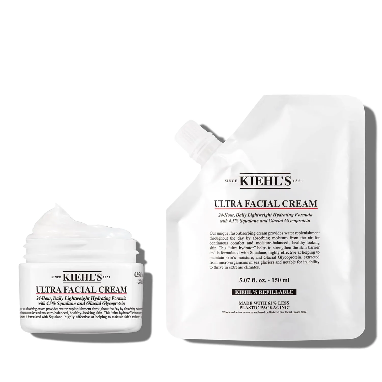 Набор из двух кремов для лица Kiehl's Ultra Facial Cream с 4,5% скваланом для укрепления увлажняющего барьера кожи - сменный пакет и многоразовая баночка объемом 0,95 жидких унций.