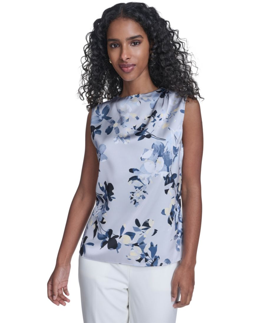 

Женская блузка без рукавов с принтом и вырезом-капелькой на спине, с вышивкой шарм Calvin Klein, Mist/double Cream Multi