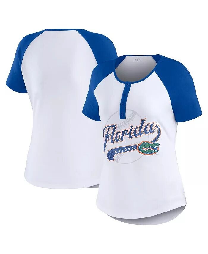 

Женская белая футболка с логотипом Florida Gators Baseball Raglan Henley WEAR by Erin Andrews