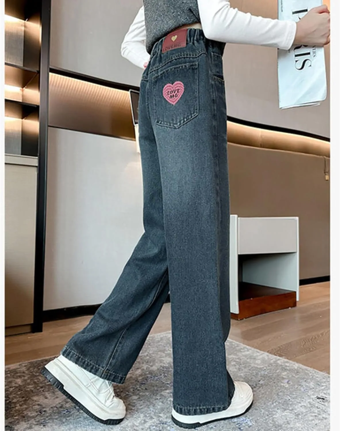 Джинсы для девочки Cute Preppy Trousers Y2k Streetwear Washed Wide Leg Denim Pants Elastic High Waisted Strechy Pull on Pant — фото 4