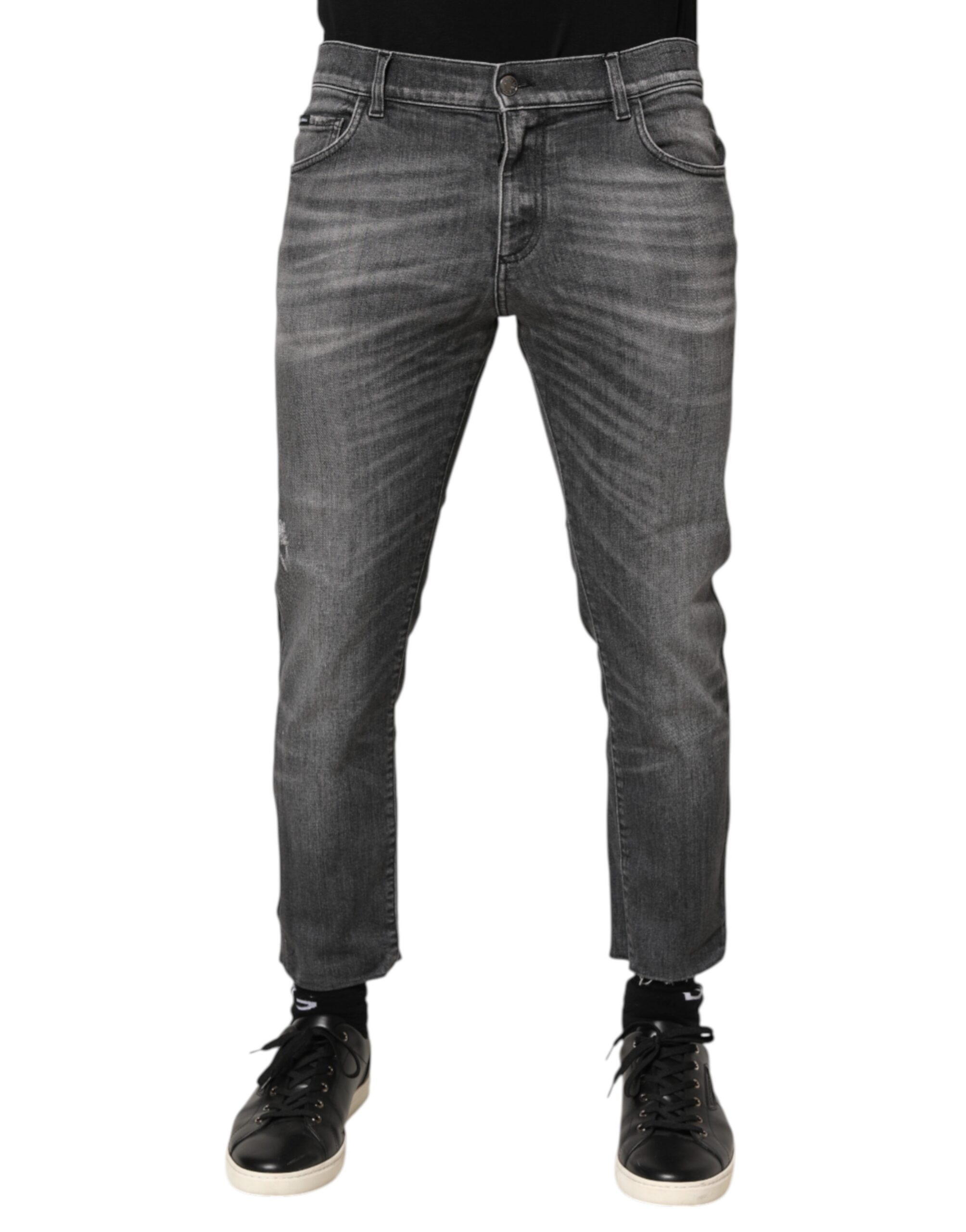 Серые хлопковые джинсы Slim Fit с потертостями Dolce & Gabbana, серый