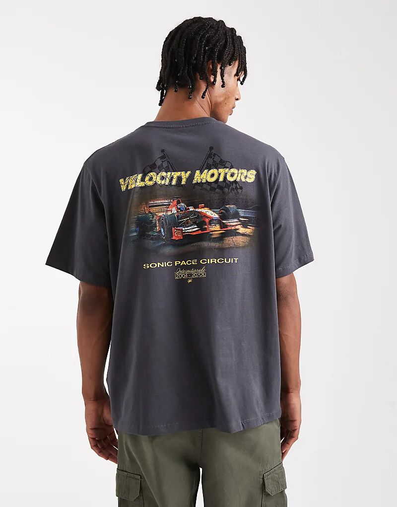 

Футболка Jack & Jones oversize с принтом машины на спине серого цвета