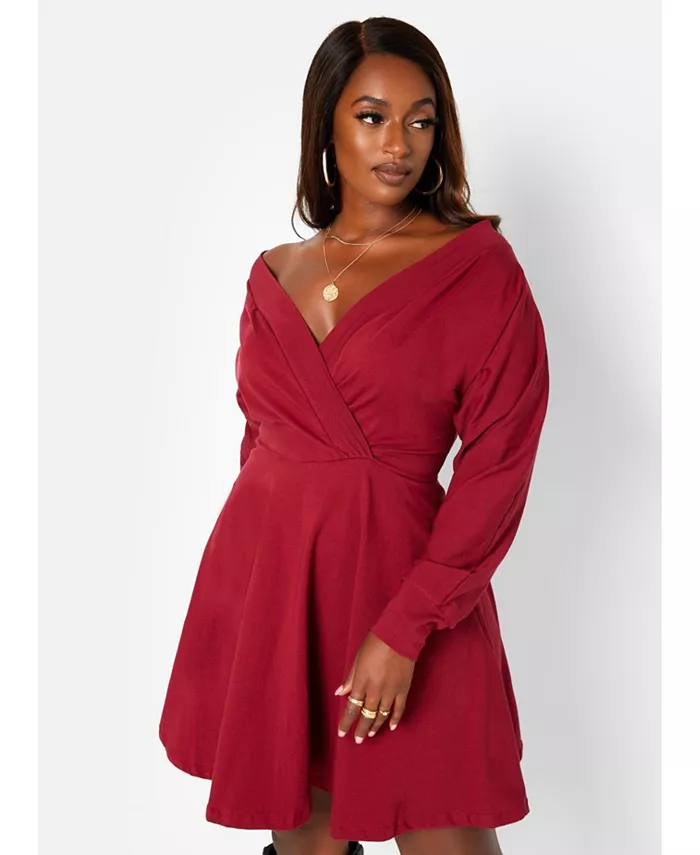 

Женское бордовое мини-платье-приталенка MSGD с открытыми плечами и карманами Rebdolls, красный