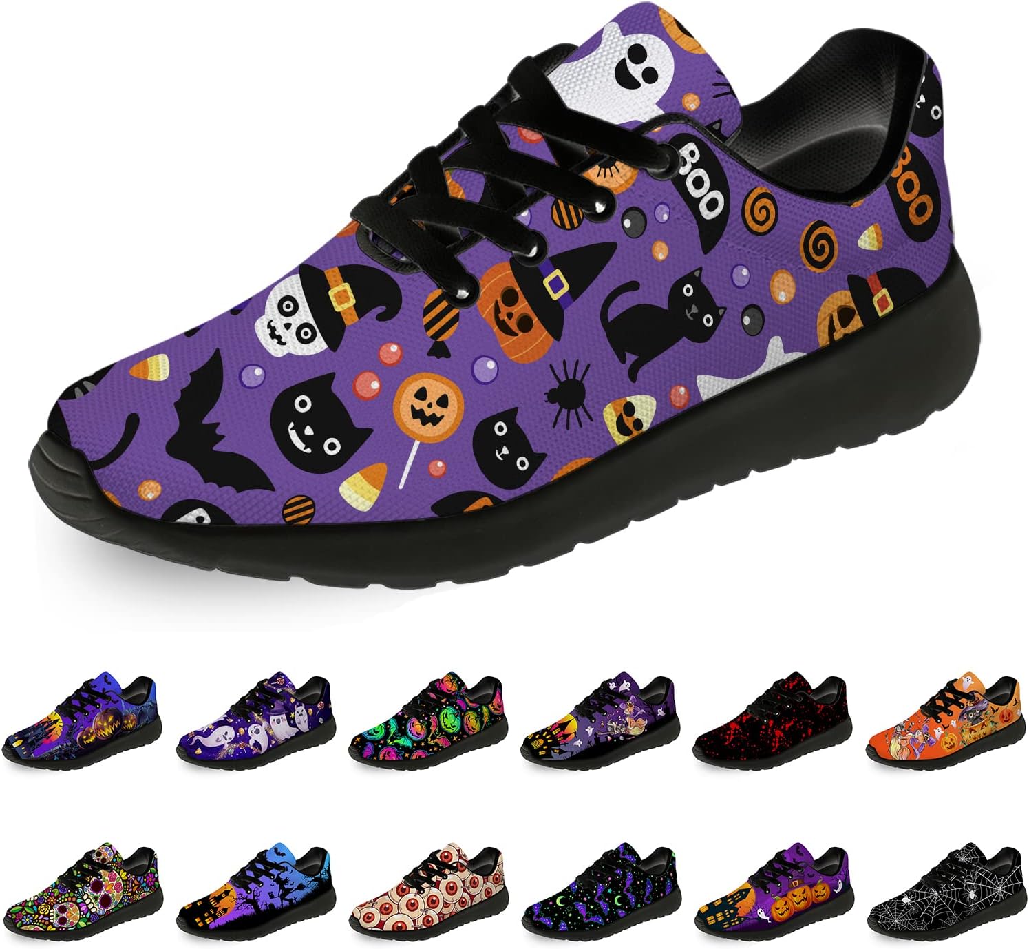 

Кроссовки на Хэллоуин для женщин и мужчин, беговые, для прогулок и тенниса, с изображением тыквы, призрака и летучей мыши, подарки для мальчиков и девочек Horethy, оранжевый/фиолетовый