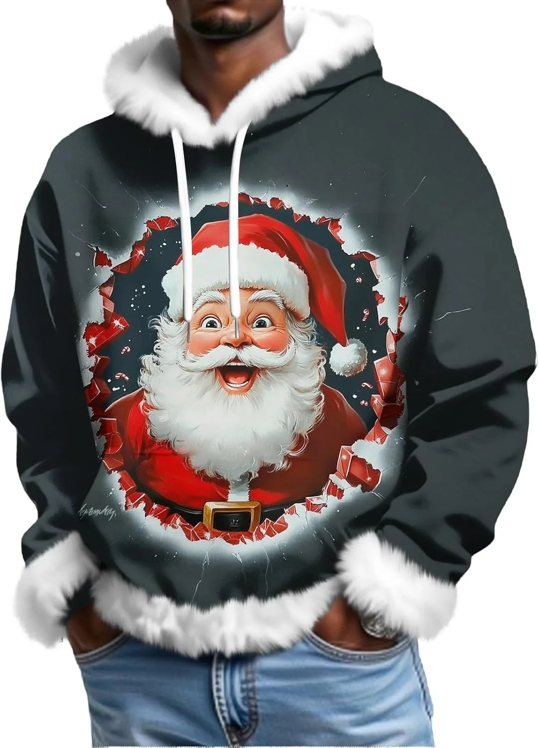 

Мужская рождественская толстовка с меховой отделкой и принтом FQZWONG