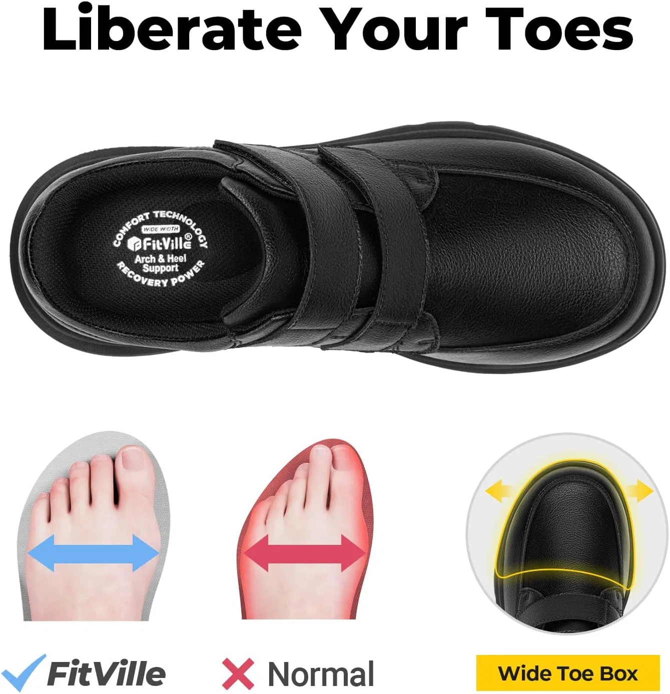 Мужские кожаные туфли FitVille Extra Wide с застежкой, повседневная обувь, деловая обувь, удобные кроссовки, легкие повседневные тапочки, обувь для ходьбы для широкой стопы, размер 40-50, Black — фото 3