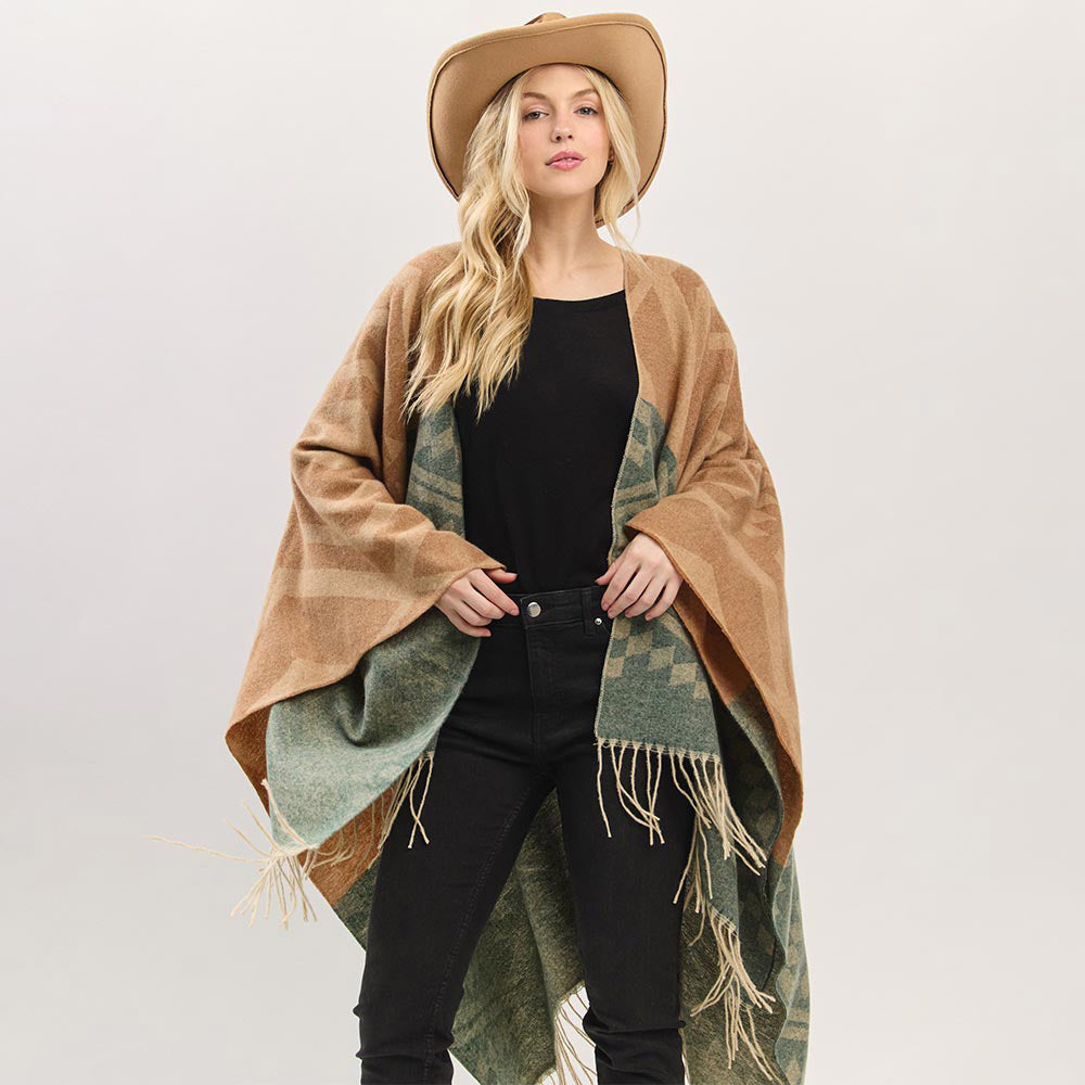 

Руана-пончо с ацтекским узором и бахромой TRUEDAMES, оливково-зеленый