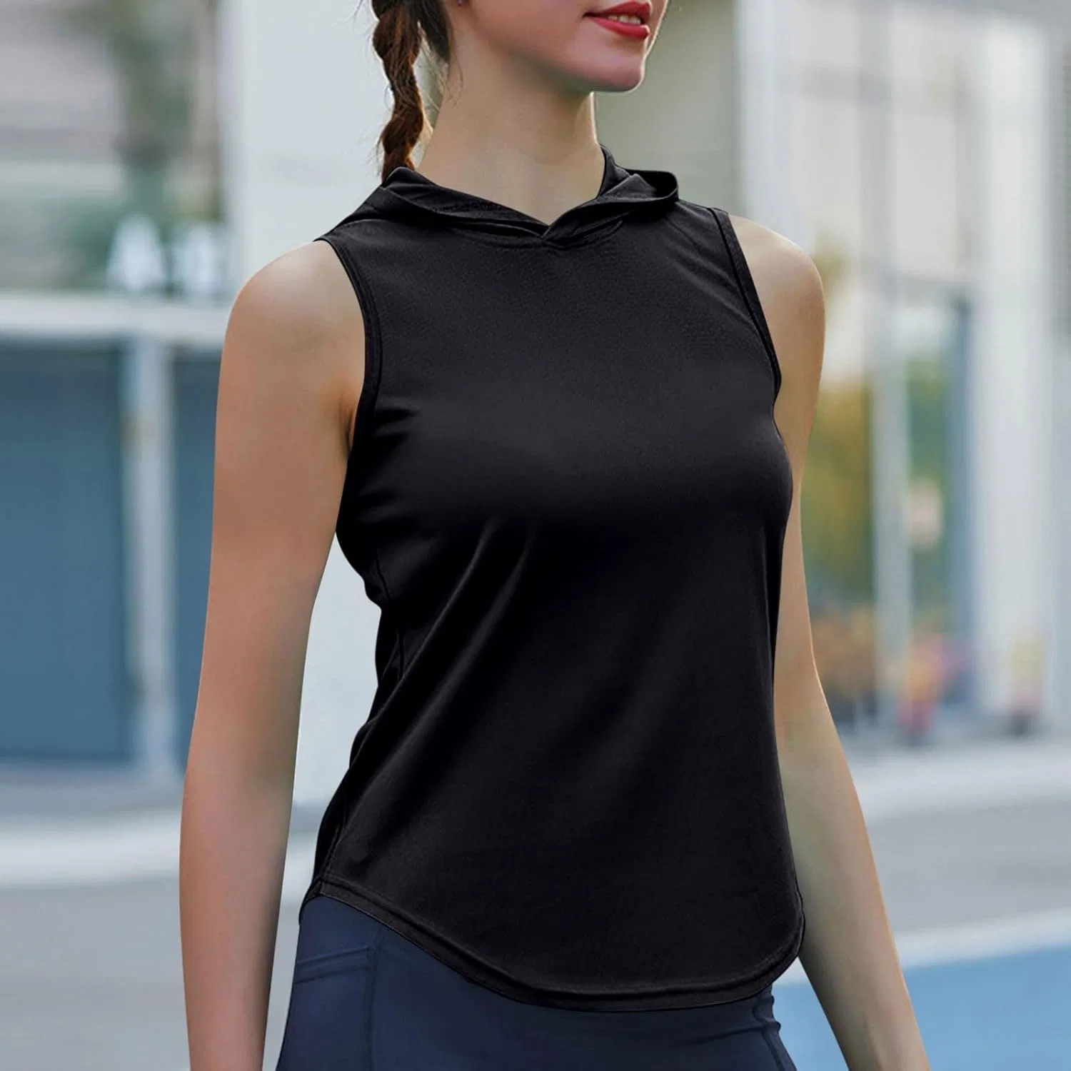 Женская майка-худи для бега, Black — фото 4