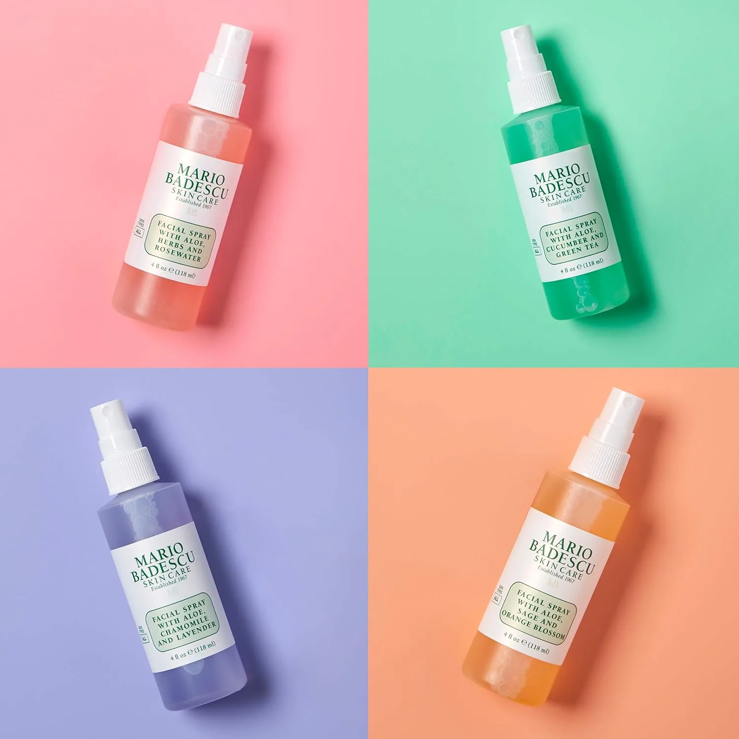 Коллекция спреев для лица Mario Badescu с розовой водой, огурцом, лавандой и цветком апельсина: многофункциональный охлаждающий и увлажняющий спрей для всех типов кожи, придающий коже сияние. 59 мл (8 шт.), Green — фото 3