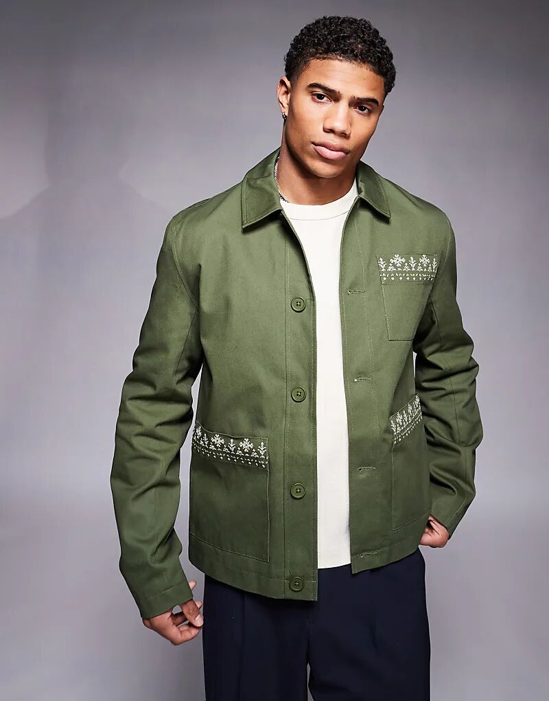

Вышитая куртка харрингтон цвета хаки ASOS DESIGN