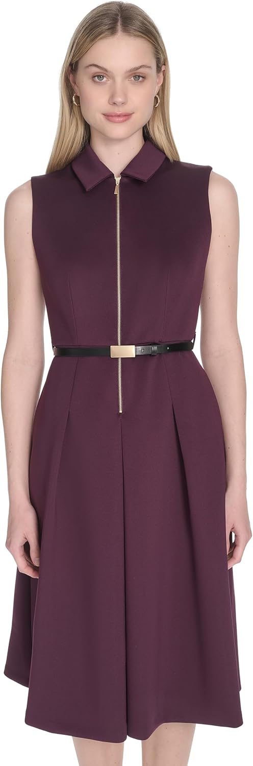 

Женское платье-трапеция без рукавов с воротником и поясом от Calvin Klein, Aubergine