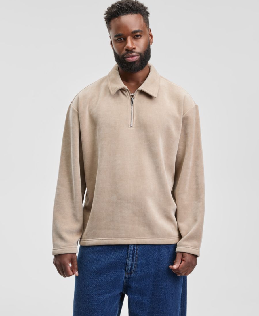 

Мужской мягкий пуловер свободного кроя с длинными рукавами и застежкой-молнией до середины груди, эксклюзивно для Macy's Mode of One, Dark Ecru