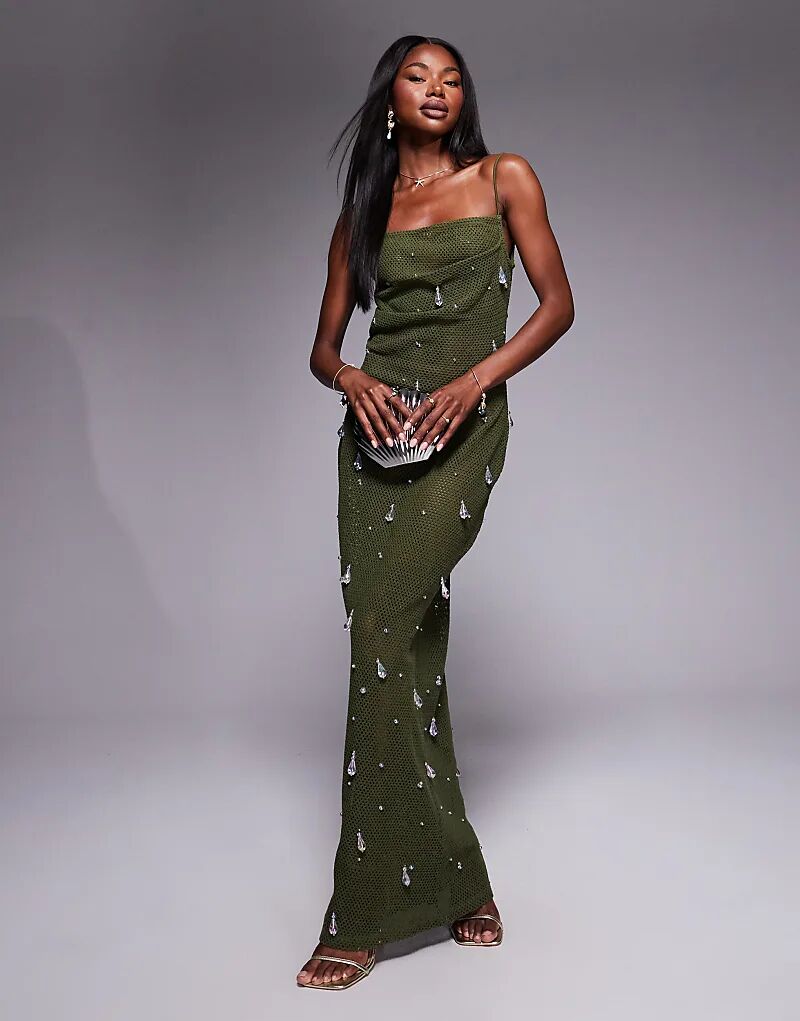 

Платье миди ASOS DESIGN крючком с переливающимися каплями пайеток цвета хаки