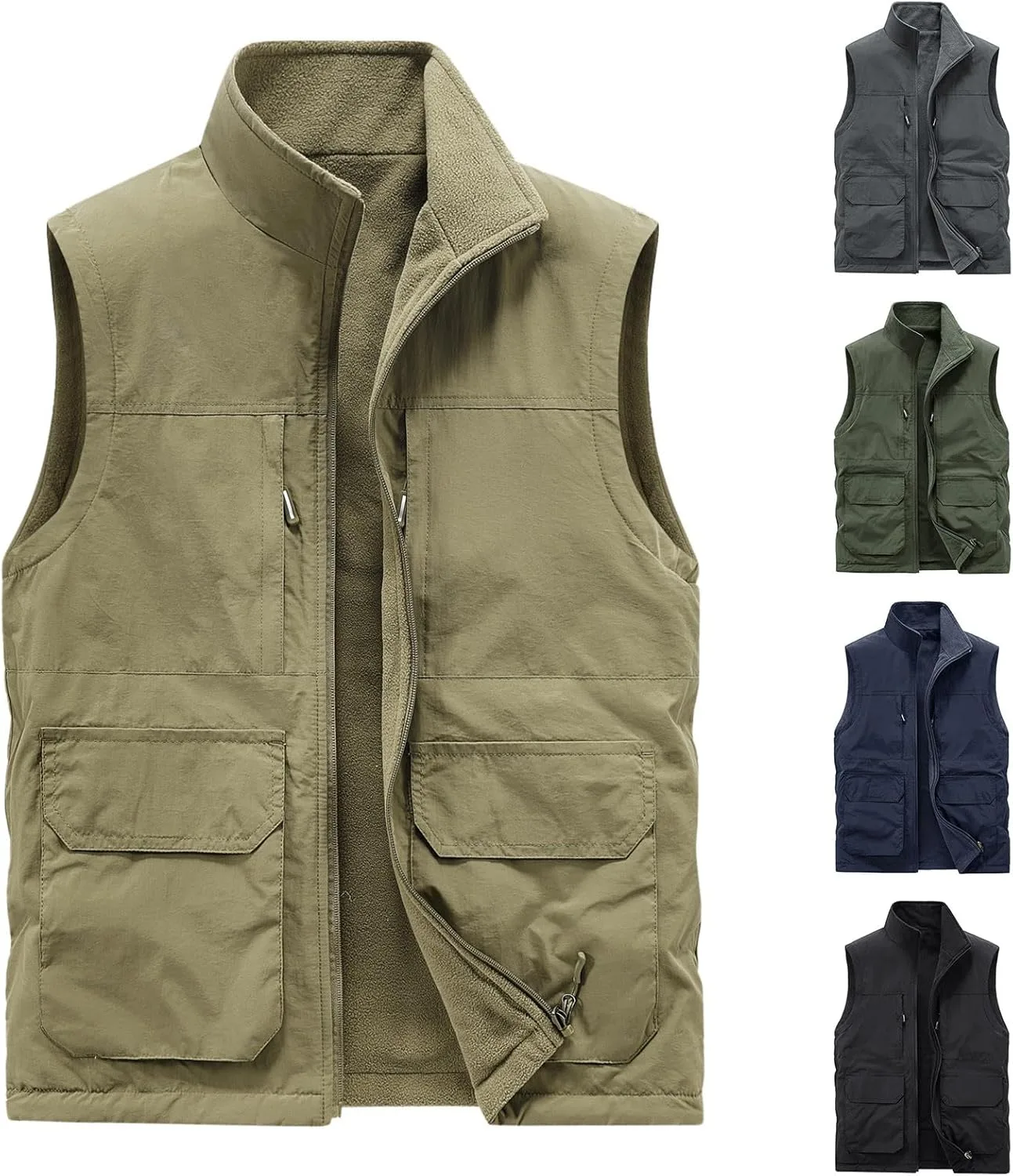 Мужская повседневная безрукавка-жилет Reversible тонкий Polar Fleece для осеннего похода и путешествий с несколькими карманами Generic, серый — фото 4