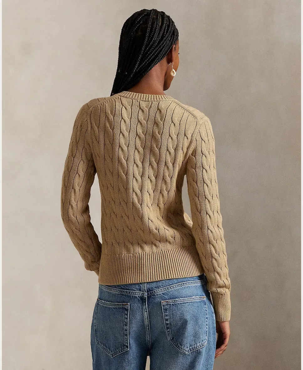 Женский хлопковый кардиган с узором косы Polo Ralph Lauren, бежевый — фото 2