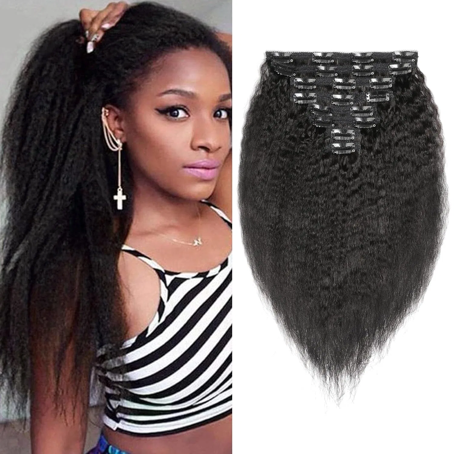 Накладные пряди Kinky Straight с заколками из натуральных волос Einbeauty, Natural Black Kinky Straight