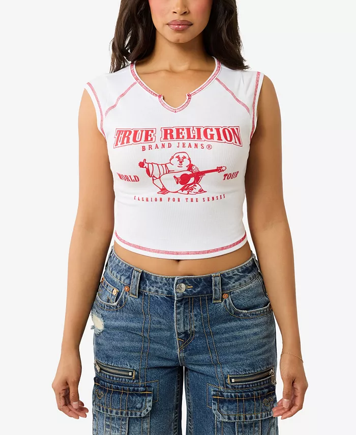 

Женская ребристая футболка с логотипом и V-образным вырезом Baby T-Shirt True Religion, белый