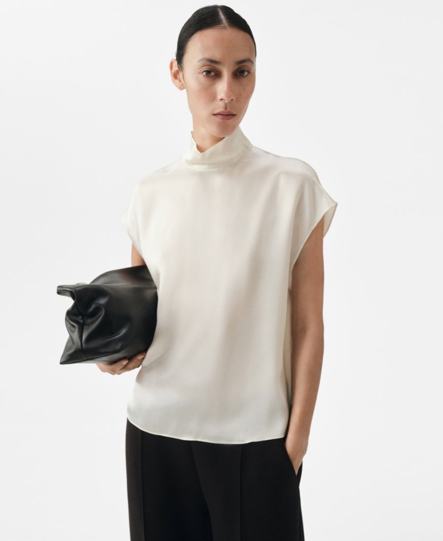 

Женская шелковая атласная блузка с высоким воротником MANGO, Ecru