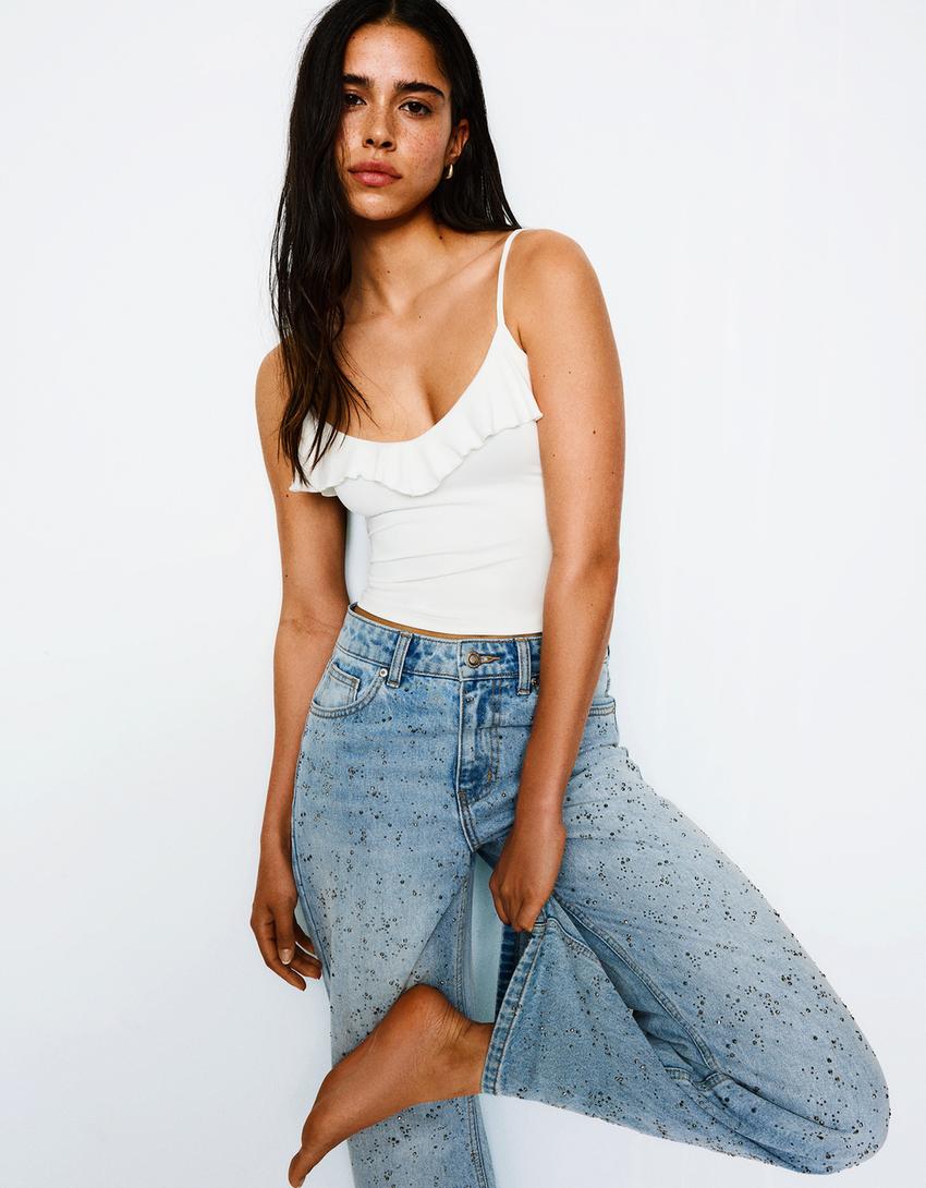 

Топ с рюшами и бретельками Bershka, бежевый