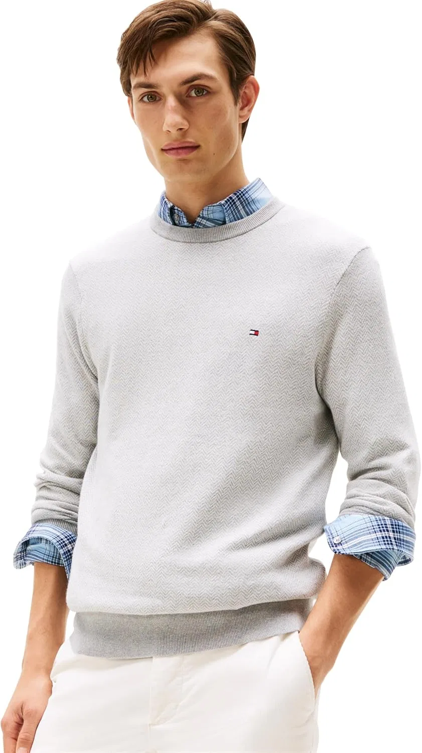 Свитер Tommy Hilfiger мужской из хлопка и кашемира с узором "елочка", светло-серый/слоновая кость