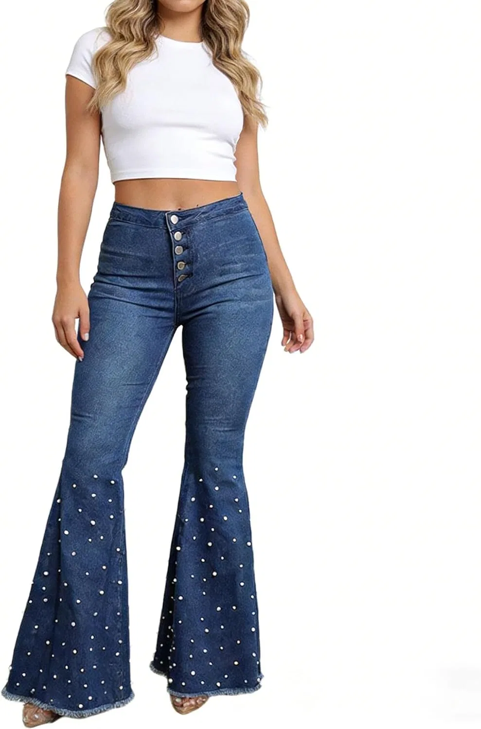 Джинсы с широкими штанинами, завышенной талией, с жемчугом, синий — фото 2