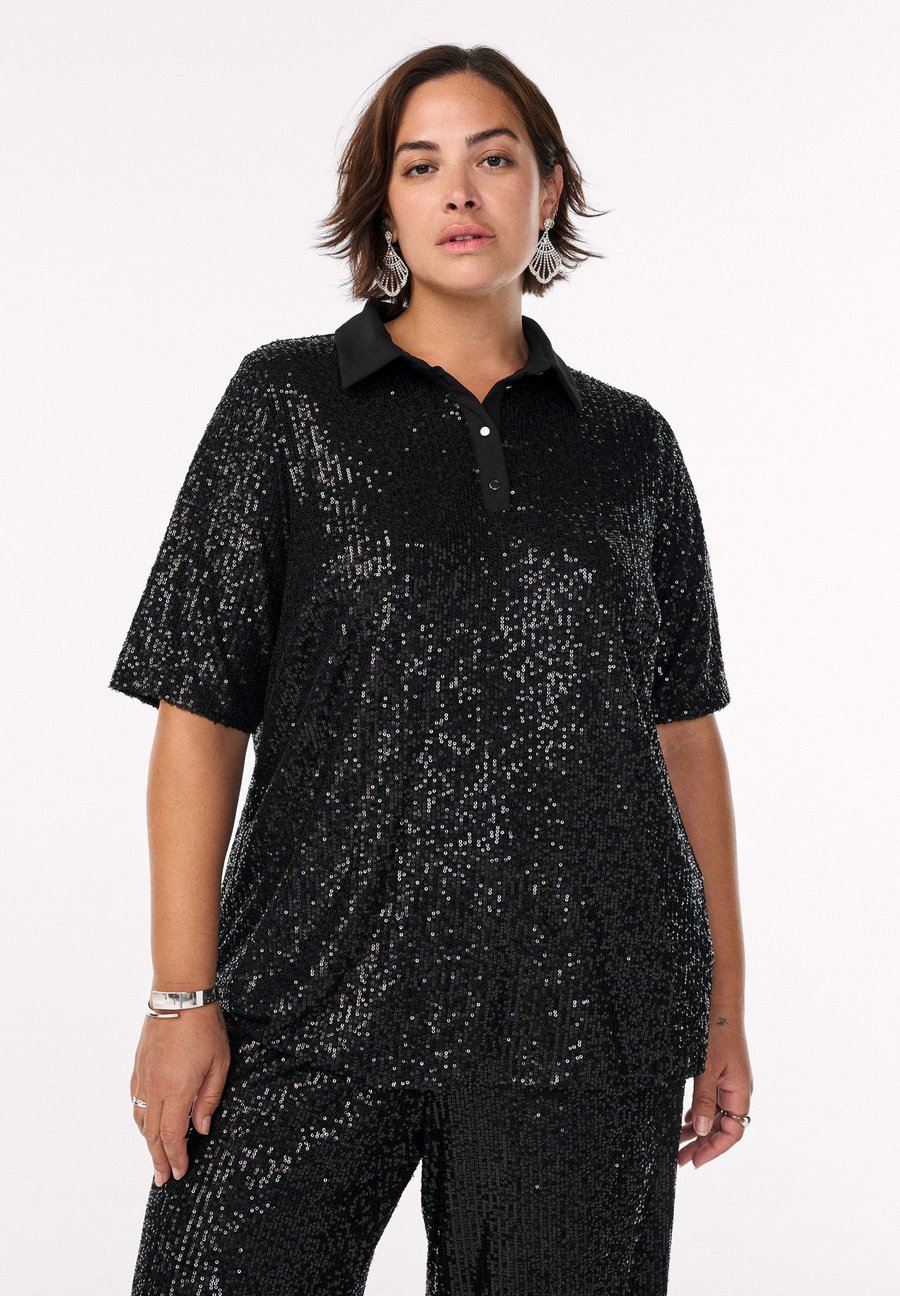 

Блуза Zizzi PAILLETTEN MIT POLOKRAGEN UND KURZEN ÄRMELN, Black