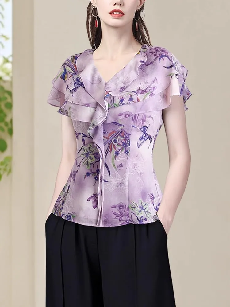 

Блузка с рюшами шифон летняя V-образный вырез короткий рукав HHGSCDTZ