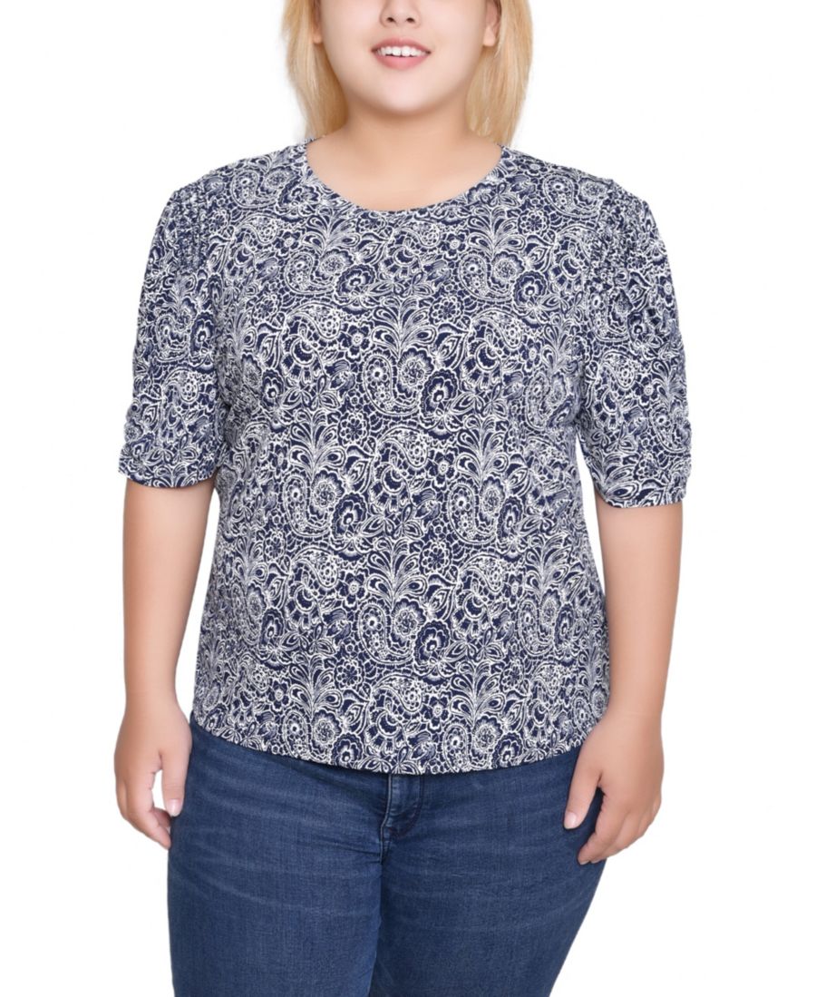 

Топ с коротким рукавом и круглым вырезом больших размеров NY Collection, Navy Paisley