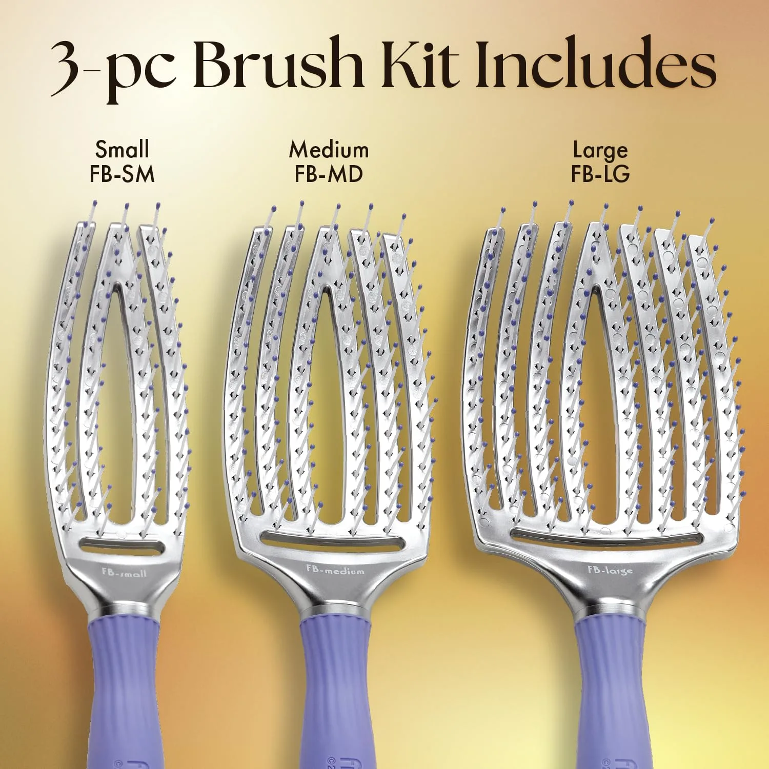 Расческа-щетка Olivia Garden Fingerbrush с изогнутой и вентилируемой поверхностью для сушки феном - идеально подходит для укладки и распутывания волос всех типов - массажная щетка для кожи головы. Набор из 3 штук, Purple, Silver, White — фото 2