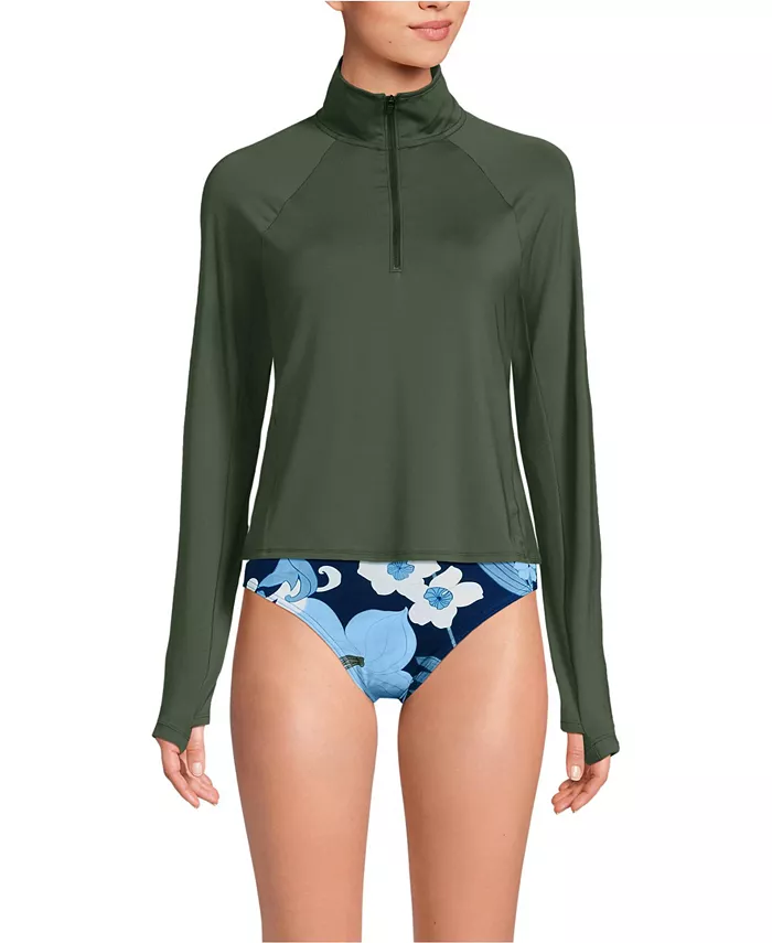 

Купальник Women's Long SunShade UPF 50 Long Sleeve Quarter Zip Rash Guard Lands' End, зеленый