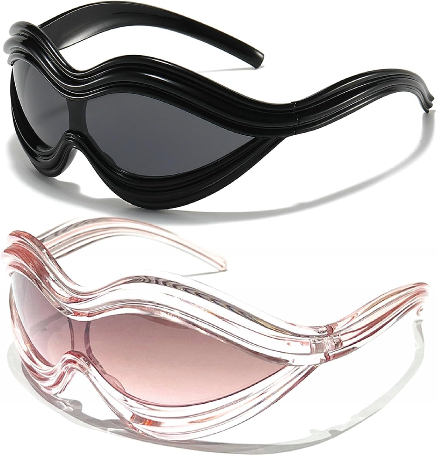 

Овальные солнцезащитные очки с обтекаемой формой для женщин и мужчин. Модные футуристические солнцезащитные очки в стиле Y2K, цельные, увеличенного размера, дизайн 2000-х годов mincl, 2pcs-black&pink