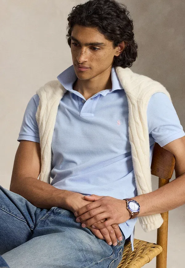 Футболка поло с сетчатой тканью Polo Ralph Lauren, галька голубой — фото 4
