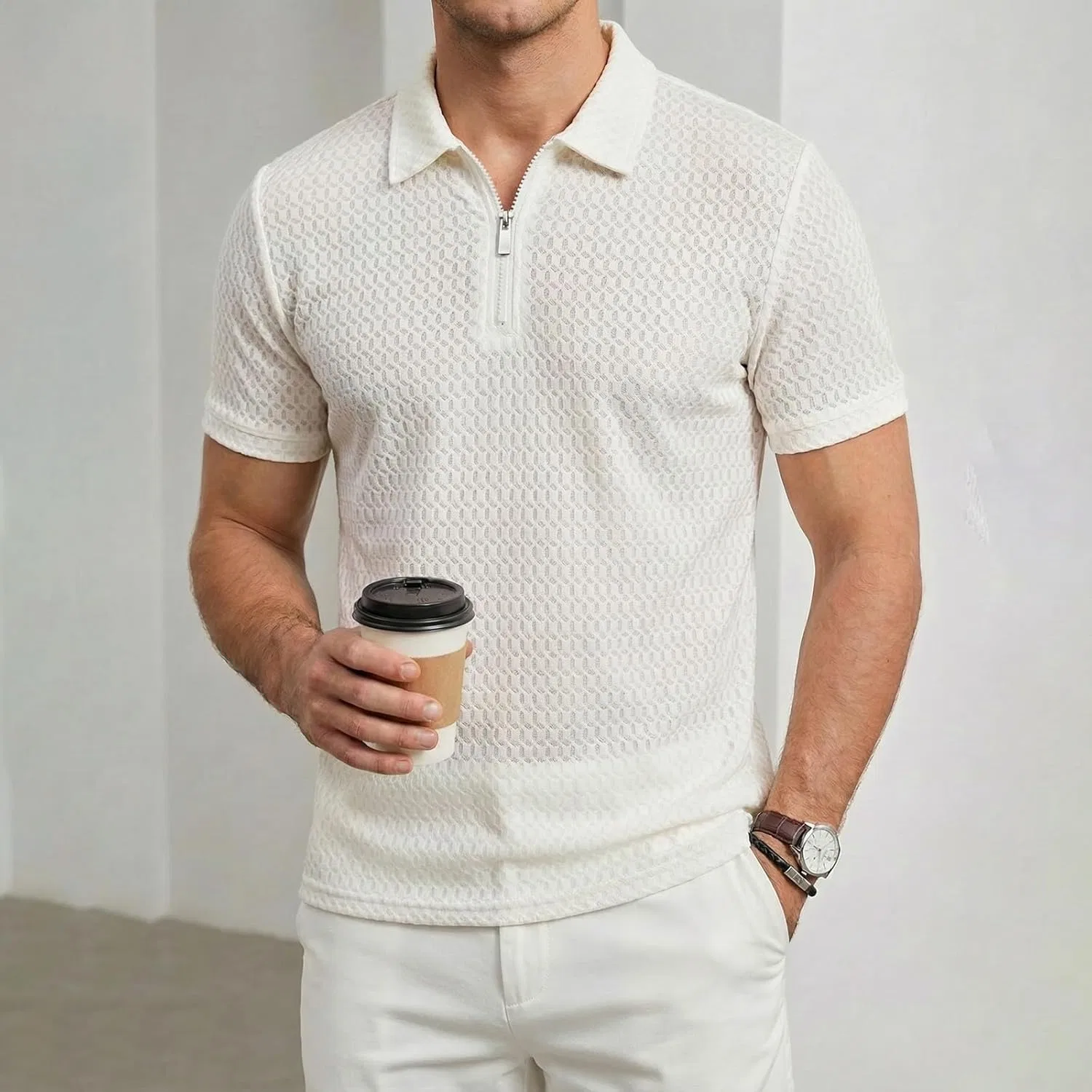 Однотонные поло-рубашки с ажурным рисунком для мужчин, футболки-поло с текстурированной застежкой-молнией на четверть длины, модные футболки с коротким рукавом в винтажном стиле, летняя одежда — фото 3