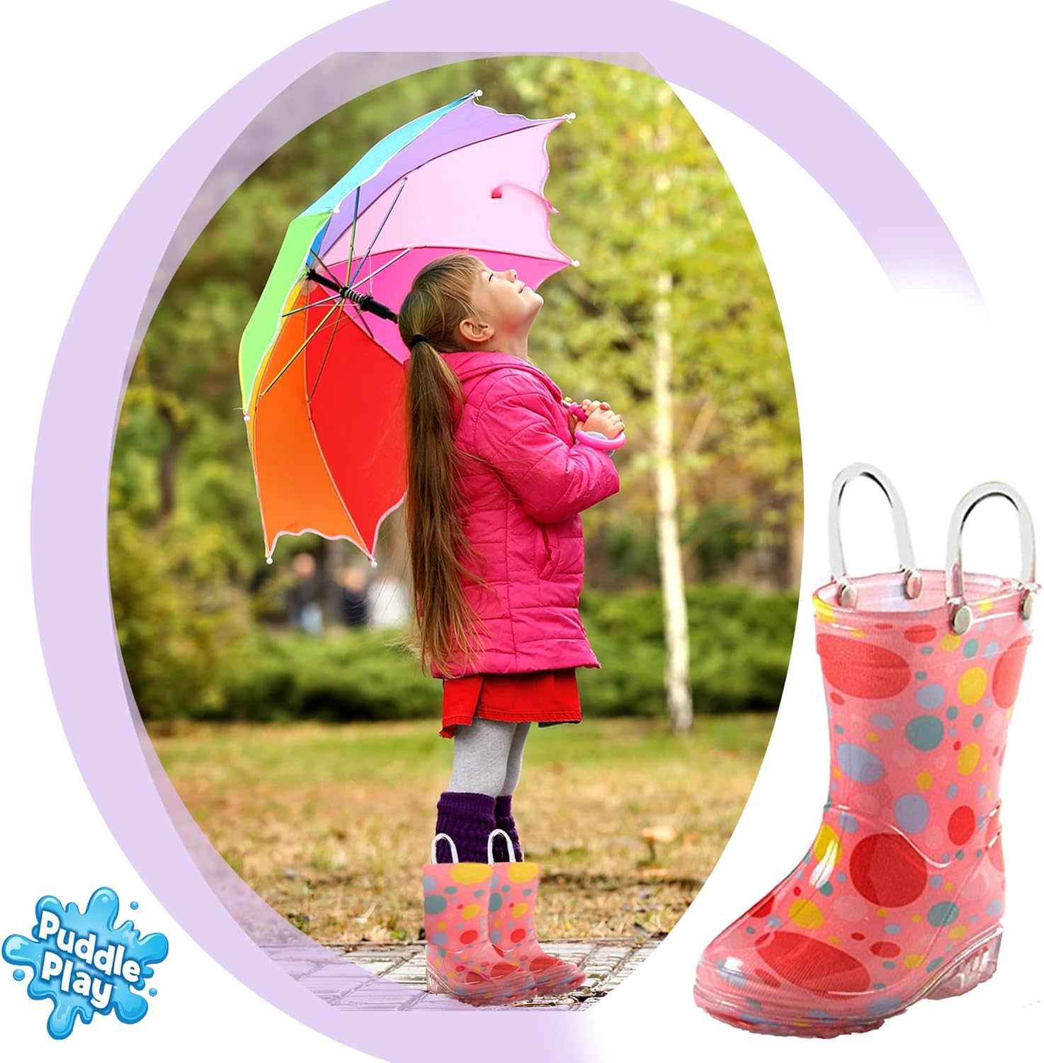 Водонепроницаемые ПВХ сандалии Puddle Play для малышей и детей с ручками для легкого надевания - легкие противоскользящие сапоги для мальчиков и девочек, Girls Bubble Polka Dots — фото 3