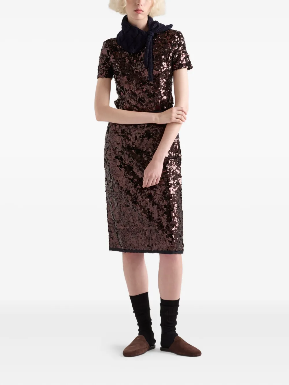 Топ с короткими рукавами и пайетками Prada, коричневый — фото 2