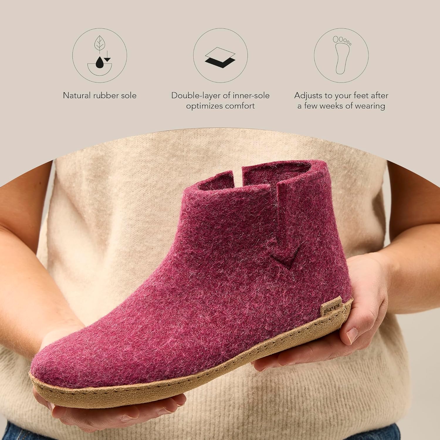 Домашние тапочки Glerups из 100% шерсти с кожаной подошвой - Унисекс, Cranberry — фото 3