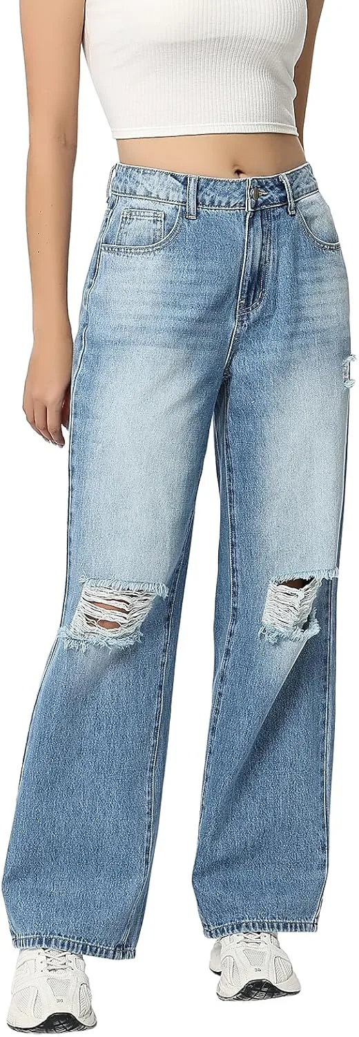 

Женские винтажные рваные джинсы High Waist Loose Straight Wide Leg