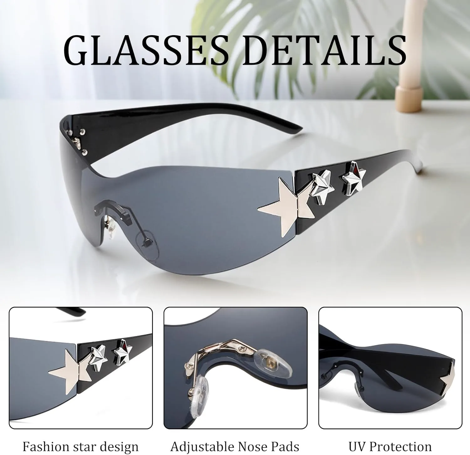 

Солнцезащитные очки Y2K для женщин и мужчин, модные солнцезащитные очки-щитки, солнцезащитные очки без оправы со звездами, очки большого размера Ehoomely, Pink Grey