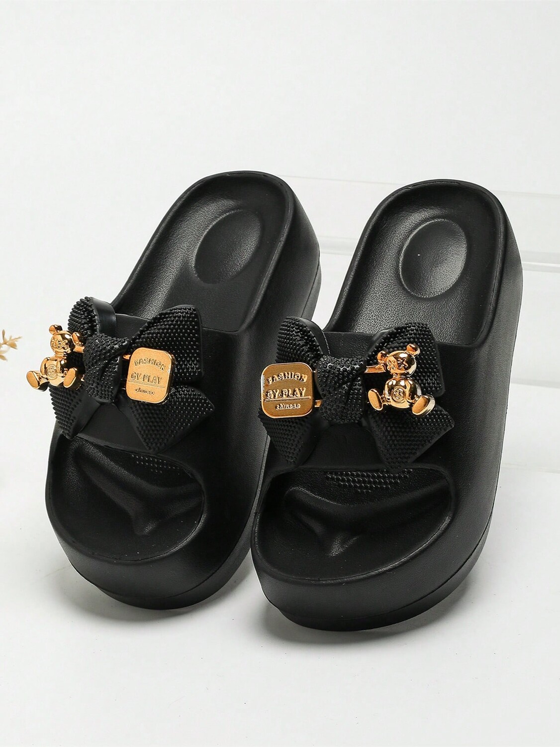 

Летние новые женские модные повседневные туфли на высоком каблуке на толстой подошве с рисунком медведя и бантом, удобные для улицы и пляжа, черный