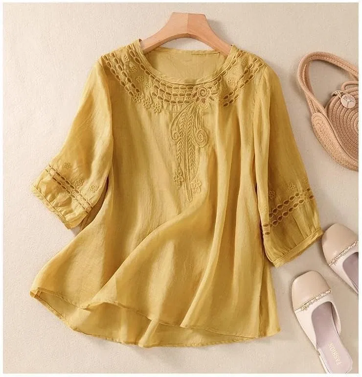 Женский костюм из льна с вышивкой, бренд Generic, цвет Yellow-a