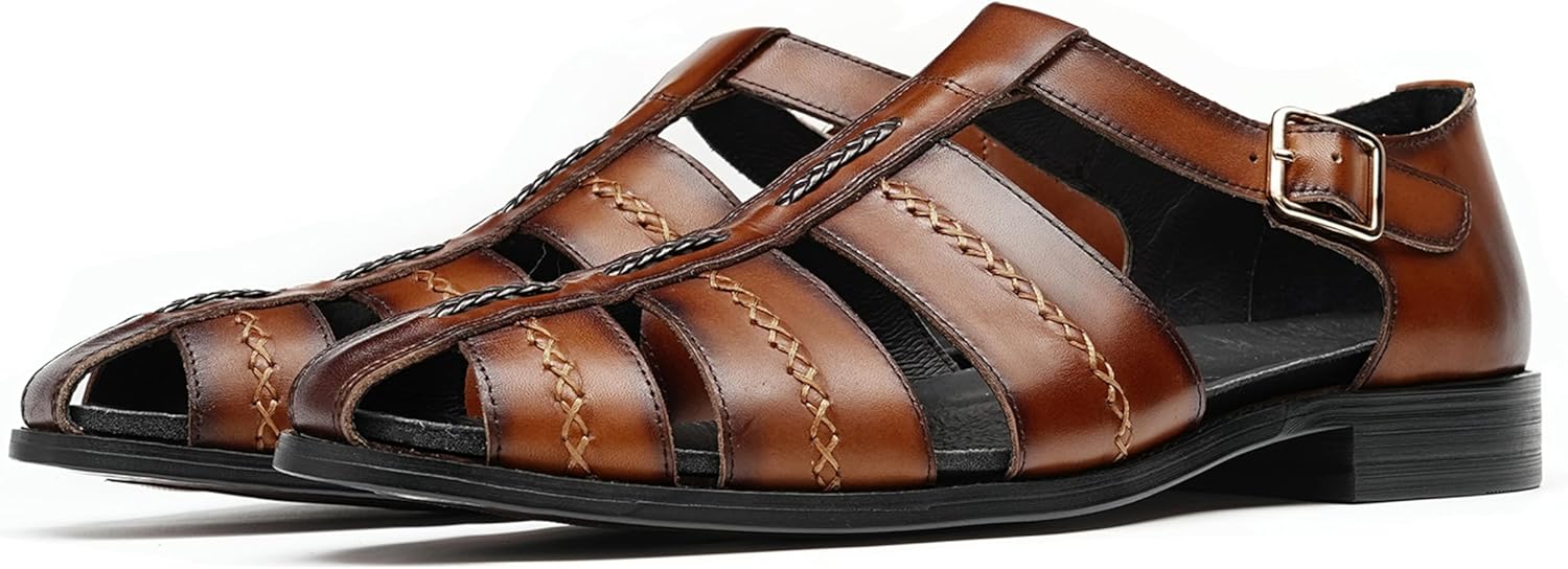 

Мужские кожаные сандалии Santimon, с плетеным ремешком и регулируемой пряжкой, удобные и стильные летние повседневные закрытые туфли, коричневый