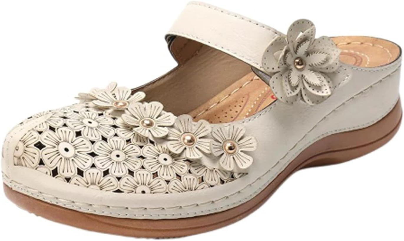 

Женские сабо сандалии-мюли, удобные летние с цветами, на платформе, ортопедические сандалии, с круглым закрытым носком, прогулочные тапочки, с вырезами, дышащие, с ремешком на щиколотке Generic, белый